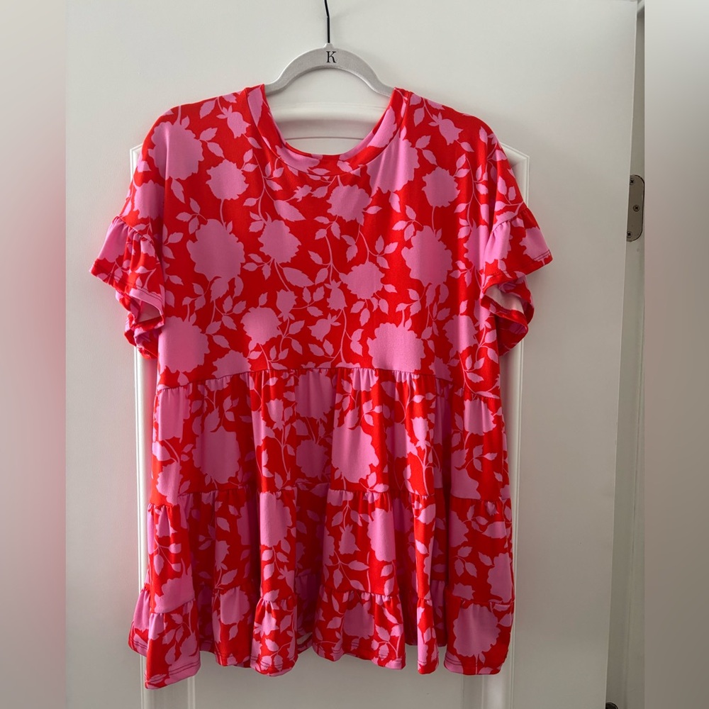 NWT - Coral & Pink Peplum Ruffle Top